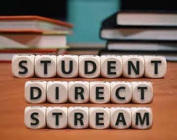Student Direct Stream engraved dices with books are placed on a table