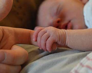 Dependent or adopted child is holding finger of her new mother